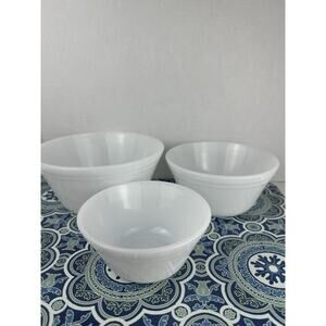 3 Federal Oven Ware White Milk Glass Nesting Mixing Bowls 5”-7” Diameter Shield